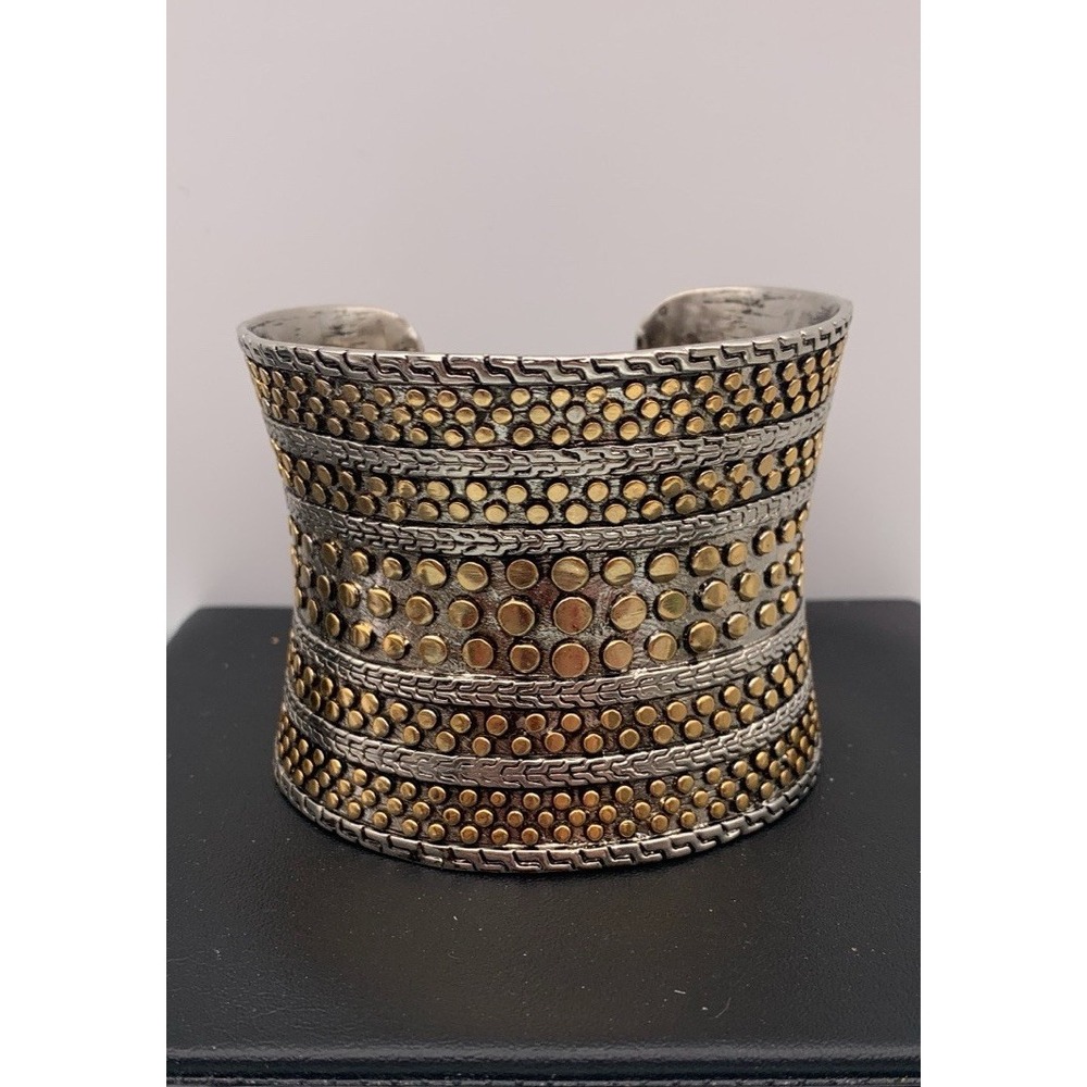 Wide Silver And Gold Tone Textured Boho Cuff Bangle Bracelet Weighty